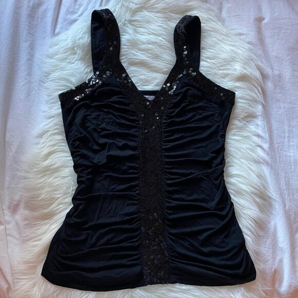 Vintage Black Ruched Sequin Sleeveless Top - Picture 1 of 7